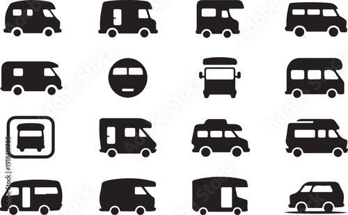 Collection of black silhouette camper vans and R Vs in various designs on a white background Keywords: camper van, RV, motorhome, caravan, vehicle, transportation, travel, camping, road trip