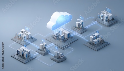 A modern cloud computing network connecting various data centers. Visual representation of data flow and digital infrastructure showcasing the future of technology.