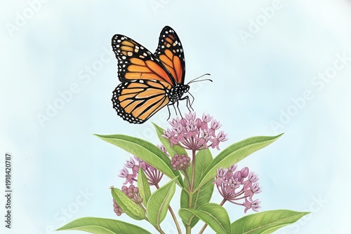 Monarch butterfly sitting on milkweed flower against soft blue background showcasing intricate details of wings and vibrant colors