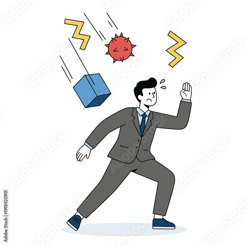 Risk management and crisis avoidance concept. Professional character surviving multiple business challenges and external threats in minimalist style.