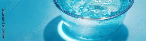 A refreshing glass of clear water splashes against the sides, surrounded by an invigorating blue background. Perfect for promoting hydration and wellness in lifestyle visuals.