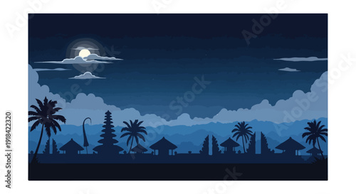 Moonlit Tropical Night Sky with Palm Trees.