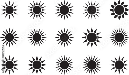 Collection of black silhouette sun icons with diverse ray patterns and styles on white background symbol