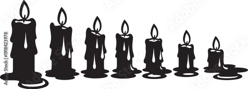 Black Silhouette Candles with Melting Wax on White Background