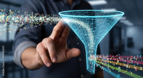 Male hand manipulating a virtual filter funnel to sort data results by specific criteria.