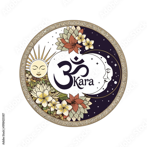 Omkara Symbol with Sun and Moon.