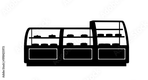 Pure silhouette of a cake display case with multiple shelves, viewed from the side, perfect for bakery or dessert shop graphics