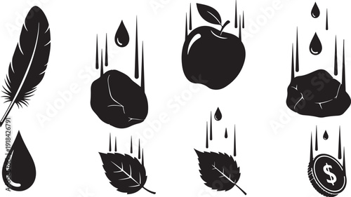 Black icons of nature and finance falling down slowly