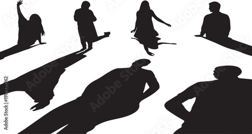 Silhouettes of people in various poses and movements together