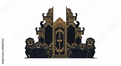 Ornate Golden Door with Lion Statues.