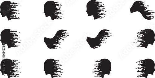 Silhouettes of human heads with abstract hair designs