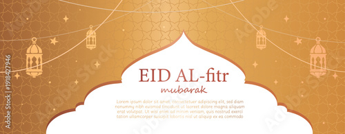 Celebrate the joyous occasion of Eid al-Fitr with this exquisitely designed horizontal banner, perfect for seasonal greetings and festive promotions. The artwork features a sophisticated and warm oran