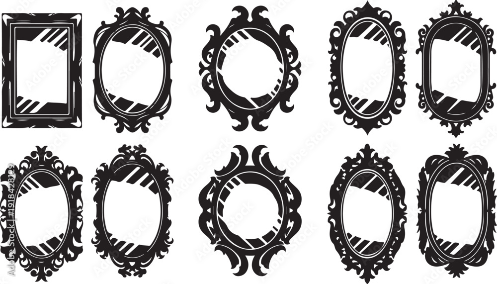 Obraz premium Ornate black and white vintage picture frame illustrations set