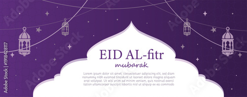 Elevate your festive communications with this premium Eid Al-Fitr greeting banner, featuring a stunning and regal purple and violet color palette. This horizontal vector illustration is designed to ca