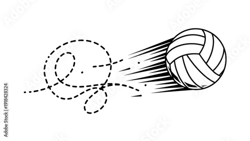 A black and white illustration of a volleyball in motion with a dashed line trajectory.