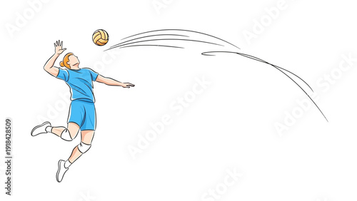 A dynamic illustration captures a volleyball player in mid-air, executing a powerful spike with a ball in motion.