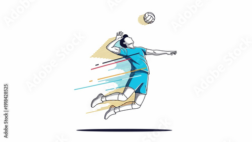 Dynamic illustration of a male volleyball player in mid-air, spiking the ball with intense focus and athletic motion.