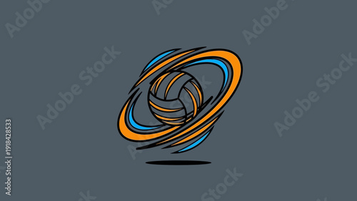 A dynamic illustration of a volleyball with swirling orange and blue energy rings around it, set against a plain dark gray background.