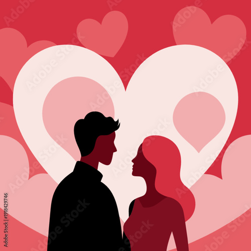 A vector graphic illustration of a loving couple in front of a large heart