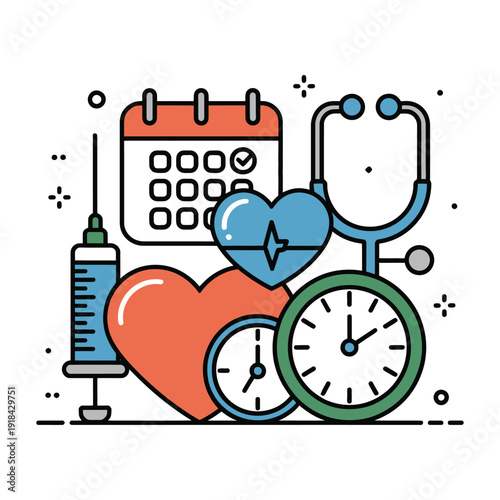 Medical symbols represent healthcare appointments, vital signs, and timely treatment.