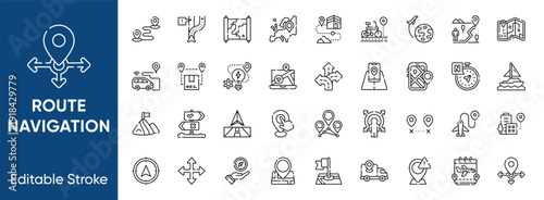 Route navigation and map location line icons set. GPS direction, travel compass, road journey, and tracking symbols.