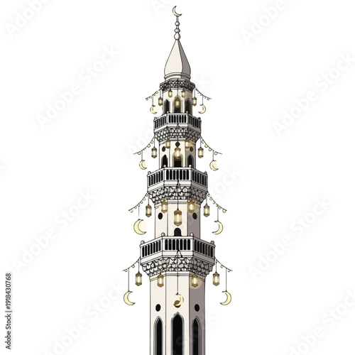 Ornate Minaret Tower with Crescent Moon.
