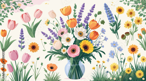 A vibrant floral illustration of a bouquet in a vase surrounded by flowers