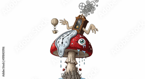 Surreal Man Sitting on Giant Mushroom Cap.