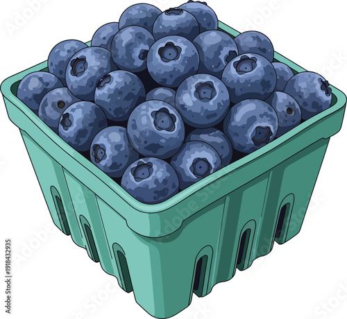Fresh Blueberries in Green Plastic Basket 3 D Rendering