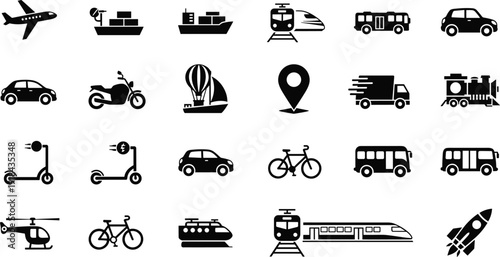 Comprehensive transportation icons set with cars, trains, aircraft, ships and urban mobility vehicles vector illustration isolated background