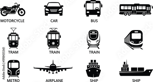 Transportation vehicle icons set including motorcycle, car, bus, tram, train, metro, airplane and ship vector illustration isolated background