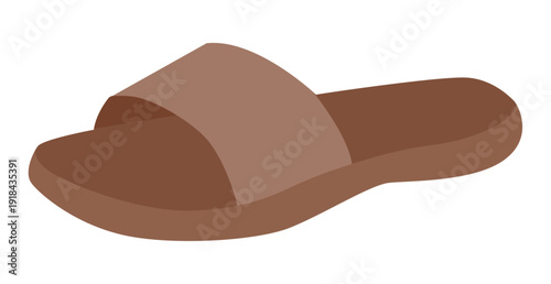 Brown slide sandal shoe women flat. One strap open toe sandal for summer walk relaxed wardrobe. Technical fashion illustration CAD mockup smooth vector man unisex isolated trendy style.