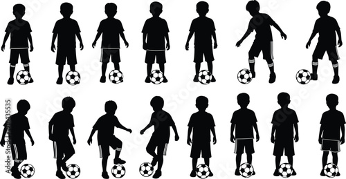 Kids soccer player silhouettes collection with football poses, children sport vector illustration isolated on white background