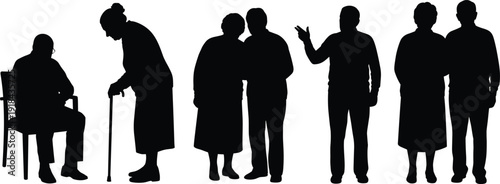 Elderly people silhouettes collection, senior men and women standing, walking and sitting vector illustration isolated on white background