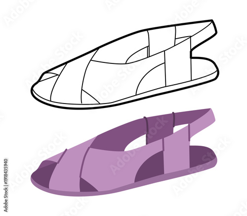 Purple fisherman sandal shoe women flat plus line set. Cage strap flat sandal for lifestyle blog holiday project. Technical fashion illustration CAD mockup mixed vector man unisex isolated style.