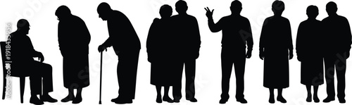 Senior people silhouettes collection, elderly men and women standing, walking and sitting vector illustration isolated on white background