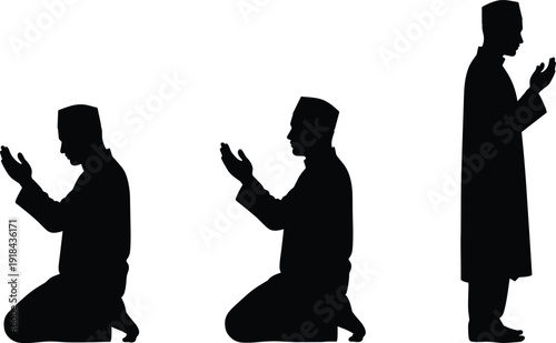 Muslim man praying silhouette in different salah positions, Islamic worship vector illustration isolated on white background