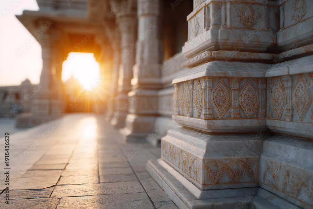 Fototapeta premium Sunrise illuminating ornate marble temple architecture with intricate details