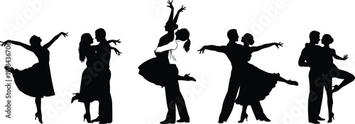 Elegant dancing couple silhouettes performing ballroom and Latin dance poses, romantic vector illustration set isolated on white background
