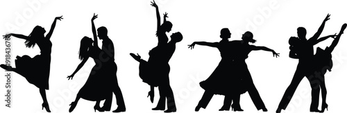 Ballroom and Latin dance couple silhouettes performing elegant partner poses, romantic vector illustration collection isolated on white background