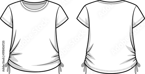 Women’s Short Sleeve T-Shirt Technical Flat Sketch Front and Back View with Side Drawstring Ruching Fashion Template Design for Apparel Production Mockup Vector