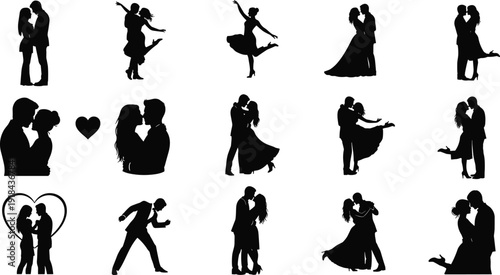 Collection of romantic couple silhouettes kissing and dancing, love relationship vector set isolated on white background illustration