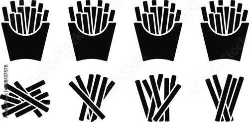 Minimalist collection of French fries silhouette icons in containers and arranged patterns, fast food snack illustration for branding, culinary design, restaurant menu, and graphic art