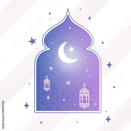 Crescent moon, Star, Ramadan Kareem, Eid Mubarak, Islamic greeting, Muslim festival, Arabic lantern, Fanous, Purple gradient, Blue background, Minimalist, Modern illustration, Vector art, Arabesque fr