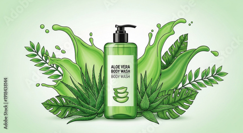 Aloe vera body wash bottle with green leaves and splashes