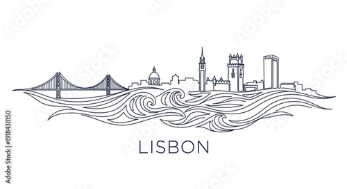 Lisbon city skyline with bridge and waves illustration