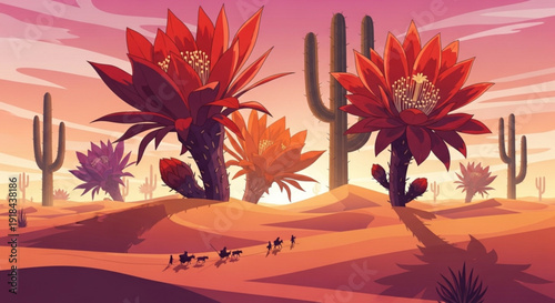 Vibrant desert landscape with large red flowers cacti and animals walking on sand dunes at sunset