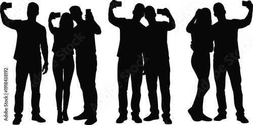 Group of friends taking selfie with smartphones silhouette, social media lifestyle concept vector illustration isolated on white background
