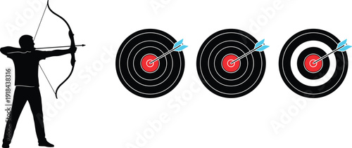 Archer silhouette aiming bow at target boards with arrows hitting bullseye, vector illustration isolated on white background
