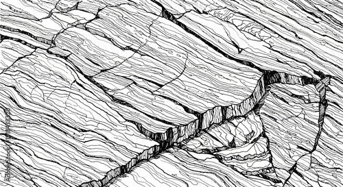 Black and white abstract illustration of cracked rock texture, detailed geological lines pattern background
